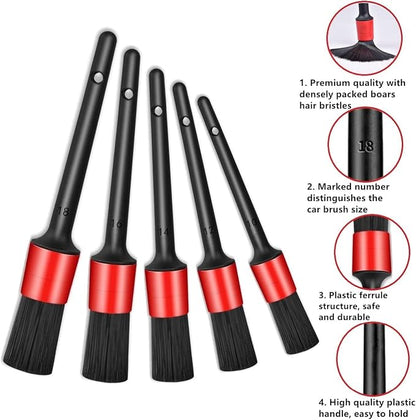 Nurkul 11Pcs Auto Detailing Set, Boar Hair Brushes, Steel Wire & A/C Brushes, Red, Soft Bristles, Wood Handles for Cleaning Interior, Exterior, Leather, 6 Sizes
