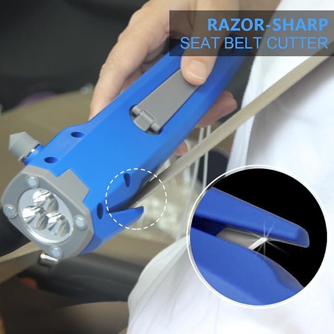 LUXON 8-in-1 Car Emergency Escape Safety Tool Kit:Window Breaker,Seat Belt Cutter,LED Flashlight,Rescue Tool USB Charger,Sire Blink Light, Hand Cranking Charge,Magnetic for Vehicle Escape(Blue)