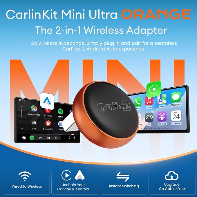 Carlinkit Wireless CarPlay & Android Auto Adapter, Mini Ultra3 for OEM Wired to Wireless Dongle for iOS 10+ & Android 11+, Plug & Play, USB-A/Type-C Online Upgrade, Fast Auto-Reconnect(Orange)