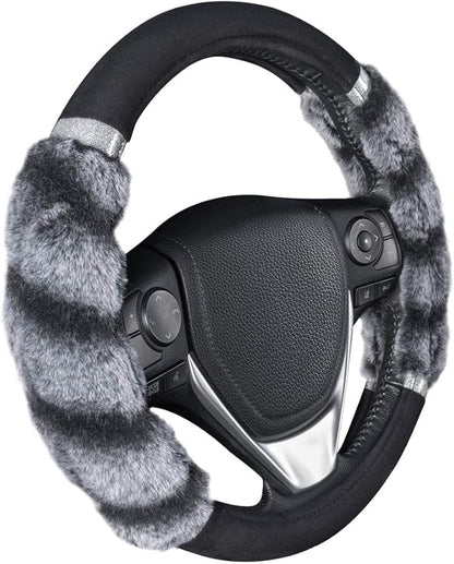 BDK Bear Fur Plush Steering Wheel Cover - Cute Faux Wool Protector for Women Girls Fits Wheels 14.5-15 inch Two Tone Black/Gray - with Glitter