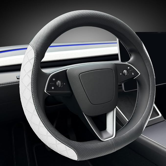 LKWLIKEI Leather Steering Wheel Cover. Elegant Diamond Checkered Design, Non-Slip and Breathable, for Tesla Model 3/Y Steering Wheel Protector,Black White