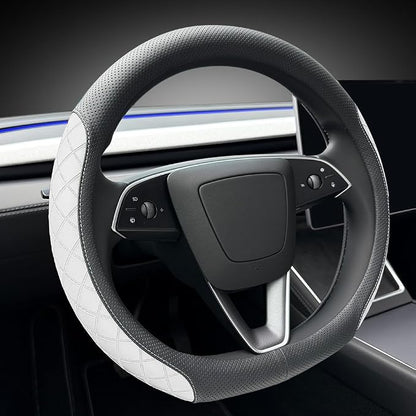 LKWLIKEI Leather Steering Wheel Cover. Elegant Diamond Checkered Design, Non-Slip and Breathable, for Tesla Model 3/Y Steering Wheel Protector,Black White
