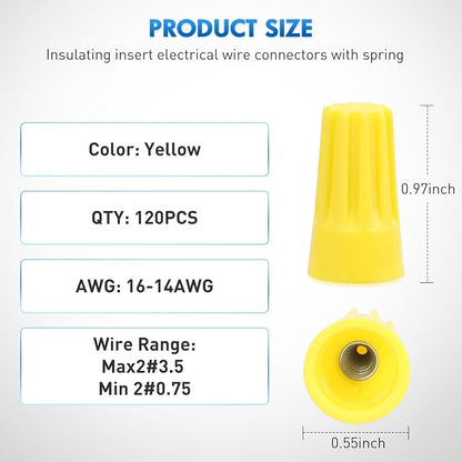 Nilight 120PCS Yellow Wire Connectors Kit 16-14 AWG Electric Wire Caps Insulating Insert Twist Electrical Wire Terminal with Spring for Connect Electrical Wiring Automotive Car Truck Boats Marine