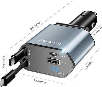 Retractable Car Charger for iPhone 17, 69W USB C 4 in 1 Fast Charging, Car Truck Accessories, Car Adapter, Road Trip Essentials Gift for Men Women, for iPhone 17 Pro Max Air 16 15 14 13, Galaxy, Pixel