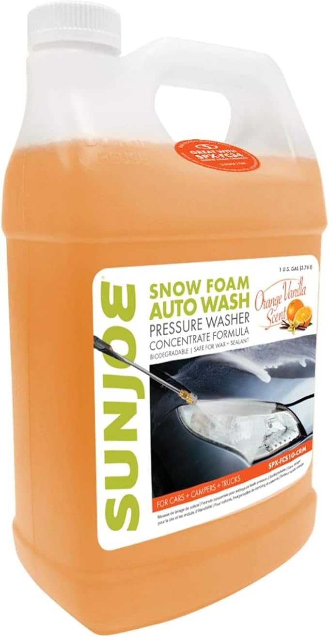 Sun Joe Snow Foam Car Wash Soap & Cleaner Concentrate, Orange Vanilla Scent, 1 Gallon - Cleaning Solution for Automotive Vehicles, Vinyl, Aluminum, Wood, & Brick Surfaces, SPX-FCS1G-COC