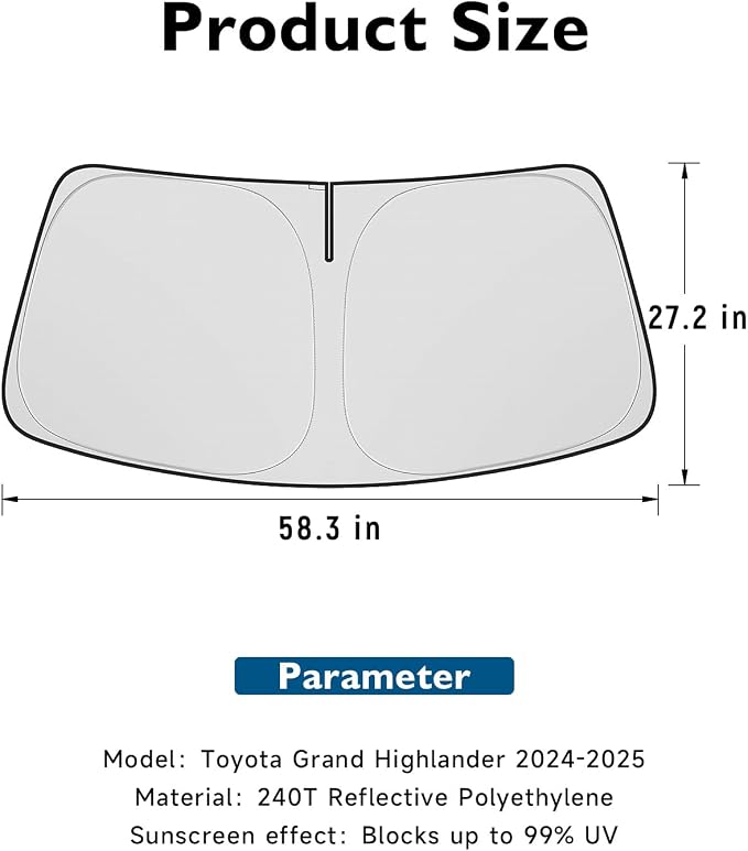 BIBLOZ Windshield Sun Shade Compatible with Toyota Grand Highlander (Not for Hybrid Model) 2024 2025 2026, LE, XLE, Limited, Platinum Accessories PET Sunshade Keeps The Car Cool Inside