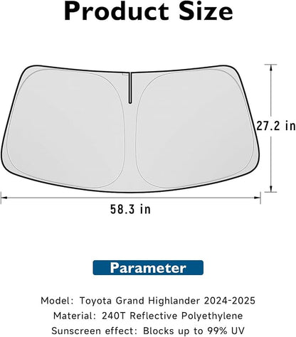 BIBLOZ Windshield Sun Shade Compatible with Toyota Grand Highlander (Not for Hybrid Model) 2024 2025 2026, LE, XLE, Limited, Platinum Accessories PET Sunshade Keeps The Car Cool Inside
