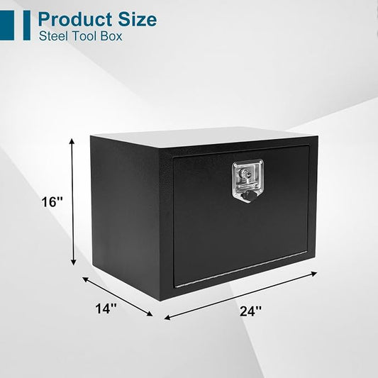 24"X14"X16" Underbody Steel Utility Truck Tool Box Chest With Lock and Keys，Heavy Duty Trailer Toolbox for Pick Up Truck RV Trailer, Black Storage Organizer Box