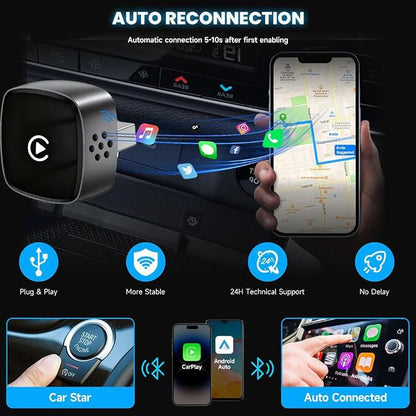 CYBERDRIVE Mini Wireless CarPlay Adapter Wired to Wireless for CarPlay & Android Auto Plug and Play Fast Auto-Reconnect Stable Control Zero Delay Carplay Wireless Adapter (Small Size)