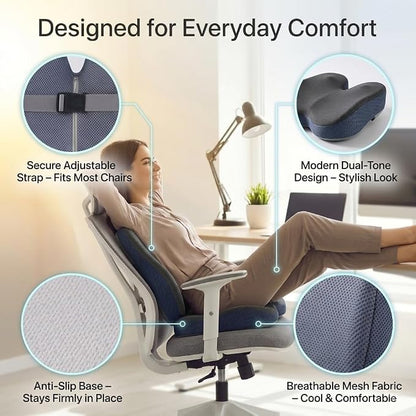 Seat Cushion & Lumbar Support Pillow Set for Office Chair, Memory Foam Seat Cushion with Adjustable Strap, Comfort Support Cushions for Office Chair, Car and Wheelchair (Dark Grey)