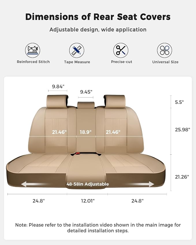 Huidasource Beige Back Seat Cover, Luxury Faux Leather Car Back Seat Cover, Velcro Adjustable, Compatible with Child Seat, Perforation Cooling＆Heating, Universal Fit for Most Cars Vans, Trucks, SUVs