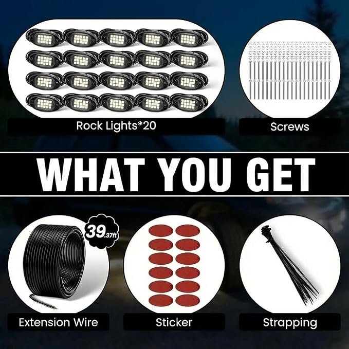 YONEDA 20 Pods White Rock Lights 6000K Pure White LED Underglow Lights IP68 Waterproof for Trucks SUV UTV ATV RZR Car Boats Motorcycle with 39.37ft Extension Wire