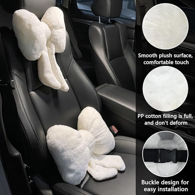 LYFJMUS 4 Pack Plush Bow Car Headrest Pillow and Lumbar Support Pillow Soft Butterfly Car Neck Pillows for Driving Cars Decor (Black)