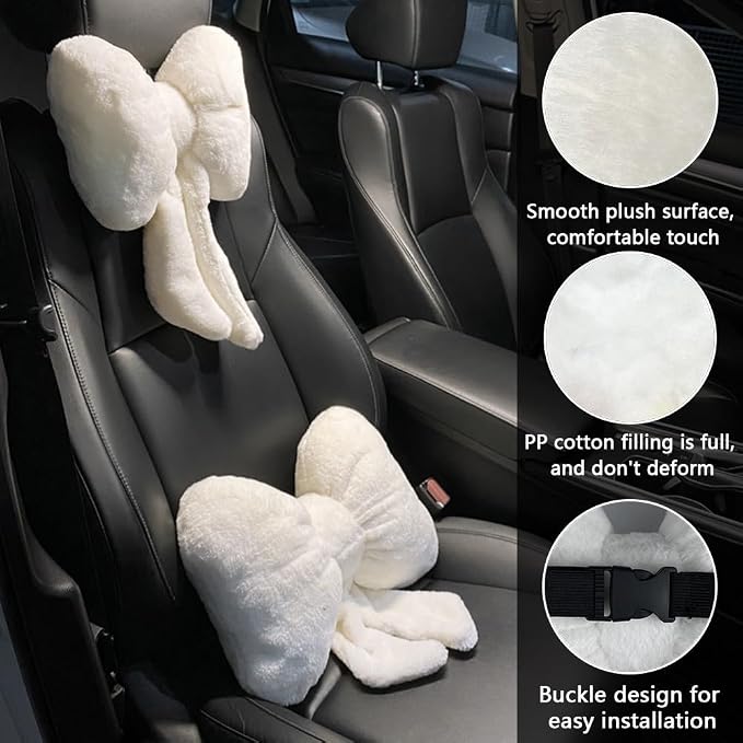 LYFJMUS 4 Pack Plush Bow Car Headrest Pillow and Lumbar Support Pillow Soft Butterfly Car Neck Pillows for Driving Cars Decor