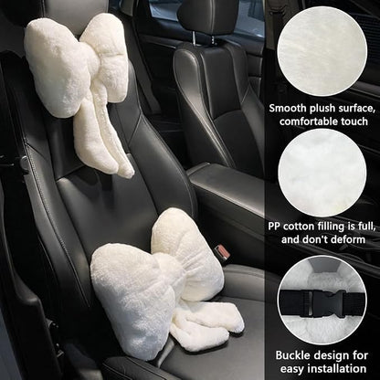 LYFJMUS 4 Pack Plush Bow Car Headrest Pillow and Lumbar Support Pillow Soft Butterfly Car Neck Pillows for Driving Cars Decor