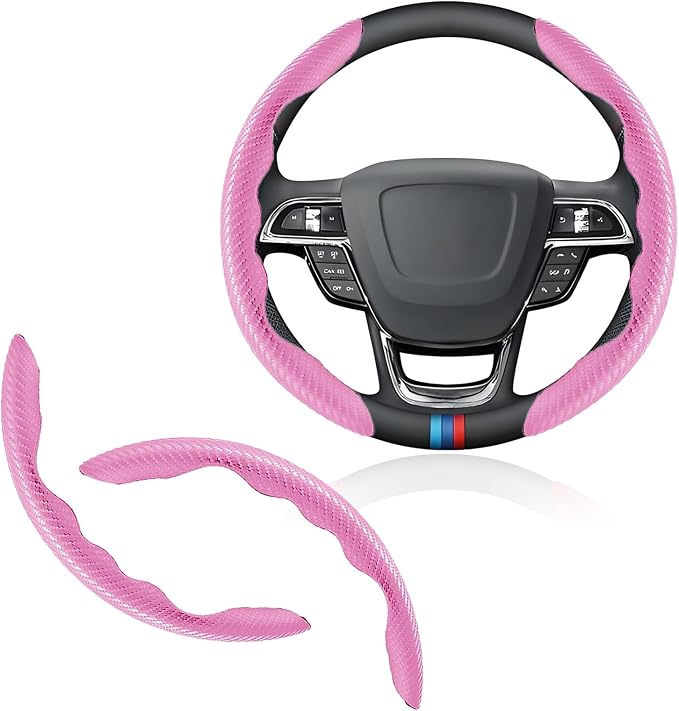 Universal Fit Carbon Fiber Steering Wheel Cover, Segmented Steering Wheel Protector, Carbon Fiber Anti-Skid Steering Wheel Cover Car Interior Accessories (2 Pcs Pink)