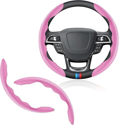 Universal Fit Carbon Fiber Steering Wheel Cover, Segmented Steering Wheel Protector, Carbon Fiber Anti-Skid Steering Wheel Cover Car Interior Accessories (2 Pcs Pink)