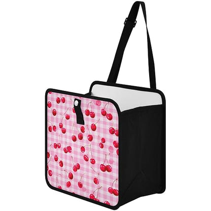 Car Trash Can Organizer Bin with Adjustable Strap for Back Front Seat Console Waterproof Leakproof Collapsible Portable 11 Inch Pink Juicy Checkered Cherry