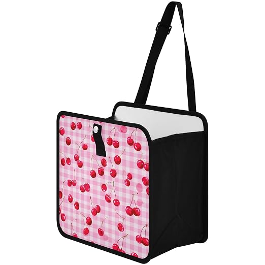 Car Trash Can Organizer Bin with Adjustable Strap for Back Front Seat Console Waterproof Leakproof Collapsible Portable 8.66 Inch Pink Juicy Checkered Cherry