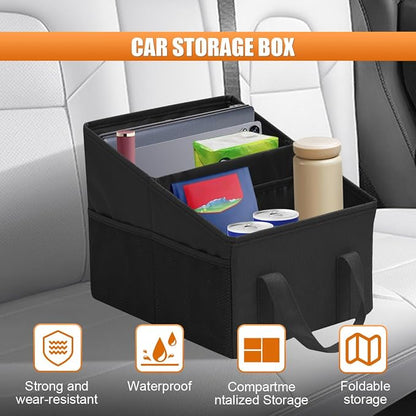 Craedli Car Seat Organizer, Collapsible Trunk Organizer Backseat Car Storage Box with 2 Compartments and Multiple Pockets, Passenger Seat Organizer with Handles for Front/Back Consoles (Black)