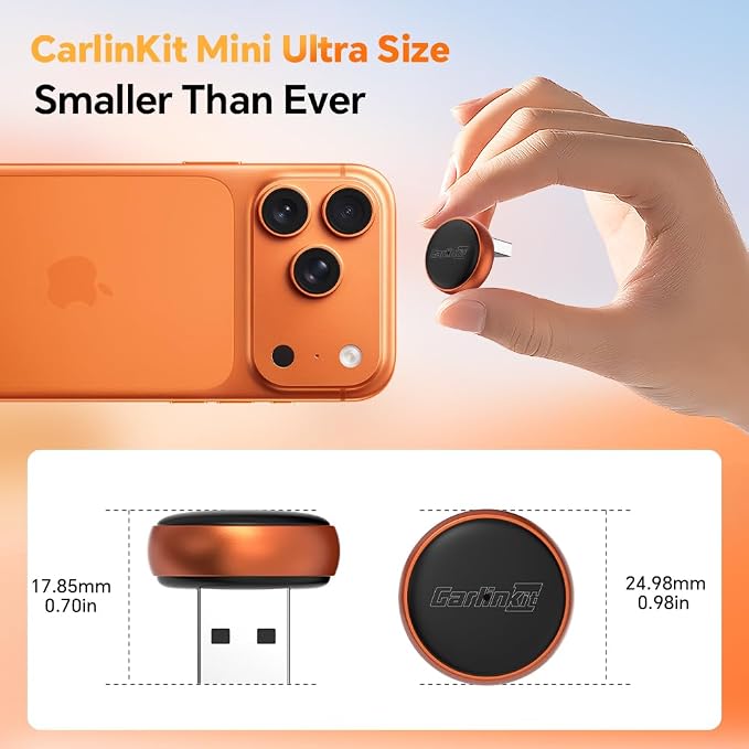 Carlinkit Mini Ultra 3 Wireless CarPlay Adapter, 2026 Upgrade Wireless Android Auto [Dual Band 5G/2.4G], Plug & Play for OEM Wired Cars, for iPhone iOS 10+ & Android 11+, Ultra Compact, Orange