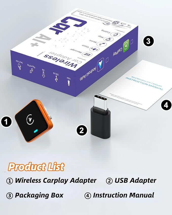 Wireless CarPlay Adapter 2026 Upgraded – No More Cables, Plug & Play Auto Connect, Bluetooth 5.3 Low Latency for Navigation & Music, 2-in-1 for Apple & Android, Wide Vehicle Compatibility USB & USB C