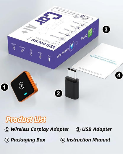 Wireless CarPlay Adapter 2026 Upgraded – No More Cables, Plug & Play Auto Connect, Bluetooth 5.3 Low Latency for Navigation & Music, 2-in-1 for Apple & Android, Wide Vehicle Compatibility USB & USB C