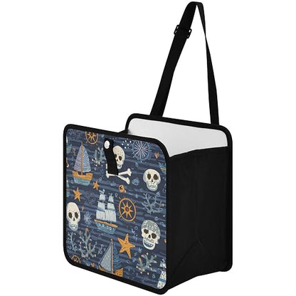 Car Trash Can Organizer Bin with Adjustable Strap for Back Front Seat Console Waterproof Leakproof Collapsible Portable 8.66 Inch Blue Pirate Skulls Sailboats Starfish and Compass