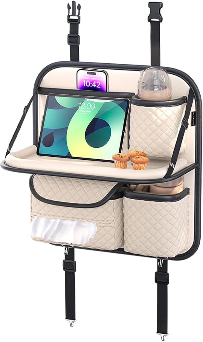 PU Leather Backseat Car Organizer with Tray, Cup Holder, Tablet Pocket & Tissue Holder, Back Seat Car Organizer for Kids and Women, Universal Car Seat Storage Organizer (Beige)