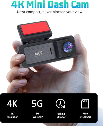 4K Dash Cam, 4K+2K Dash Cam Front and Rear W/ 5GHz WiFi & APP Control 64GB Included, 3.2" IPS Screen Car Dash Cam W/ 24H Parking Monitor, G-Sensor Night Vision, Loop Recording