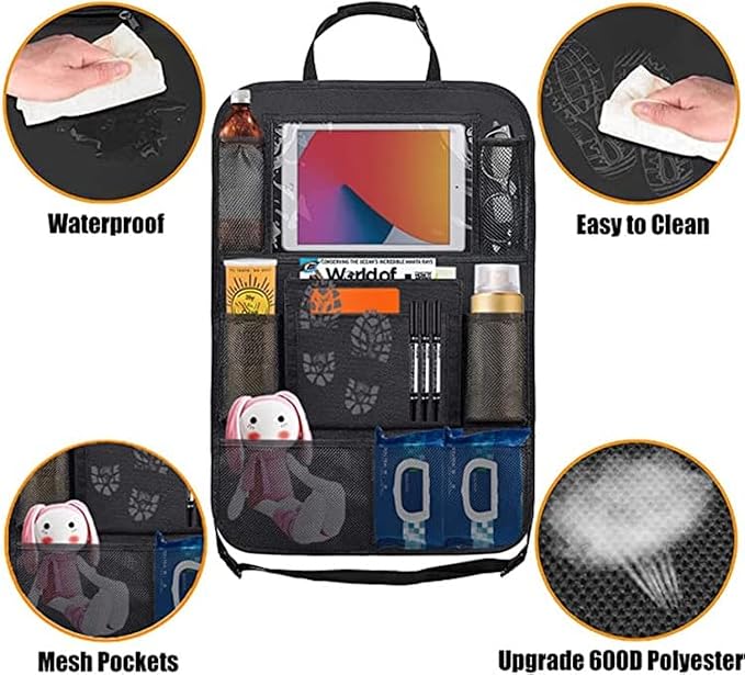 Car Backseat Organizer, 2 Pack, Black, Simple/Functional, Car Seat Organiser, Car Backseat Organizer, 10 Compartments, Tablet Holder, Waterproof, Easy to Clean