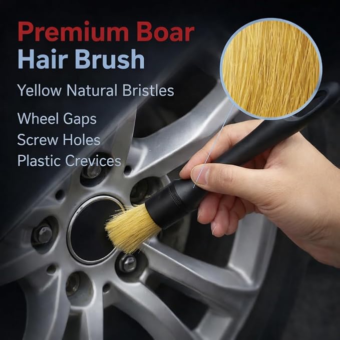 9PCS Pro Wheel & Tire Cleaning Kit - Flat Replaceable-Head Brush, Pocket Dual-Material Pads, Dual-Bristle Brushes, Boar Hair Detail Brush & Towel | Scratch-Free for All Vehicles
