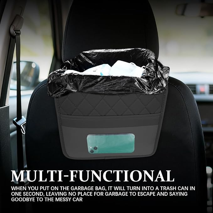 Car Seat Back Organizer, Leather Backseat Hanging Storage Bag, Multipurpose Car Hanging Trash Bag with 2 Compartments, Car Large Capacity Pouch Pocket for Kids & Adults (Black/Transparent Bag)