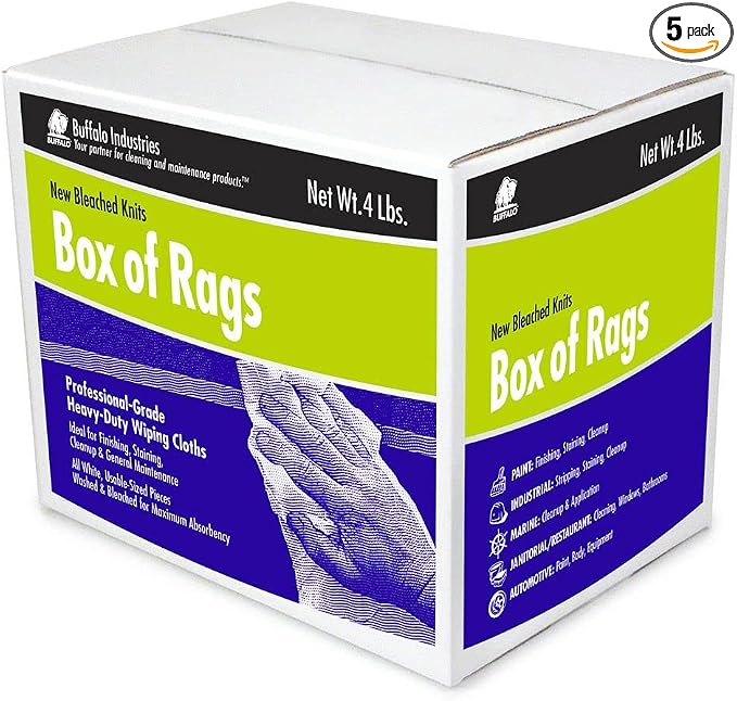 Buffalo Industries (12023) New White Bleached Knit Rags, 10 lb. box - All-Purpose Wiping, Cleaning, Polishing, Medium-Weight T-shirt Material, Washed and Bleached for Super Absorbency and Low-Linting