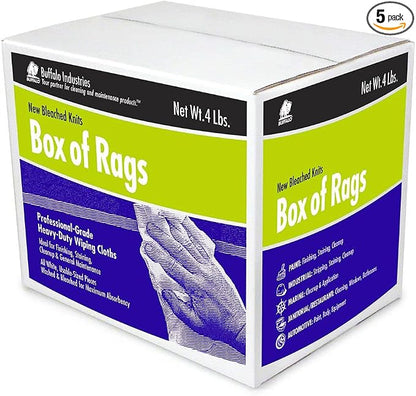 Buffalo Industries (12023) New White Bleached Knit Rags, 10 lb. box - All-Purpose Wiping, Cleaning, Polishing, Medium-Weight T-shirt Material, Washed and Bleached for Super Absorbency and Low-Linting