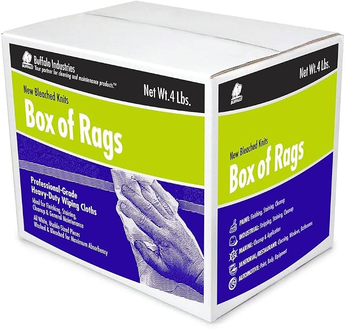 Buffalo Industries (12024) New White Bleached Knit Rags, 25 lb. box - All-Purpose Wiping, Cleaning, Polishing, Medium-Weight T-shirt Material, Washed and Bleached for Super Absorbency and Low-Linting