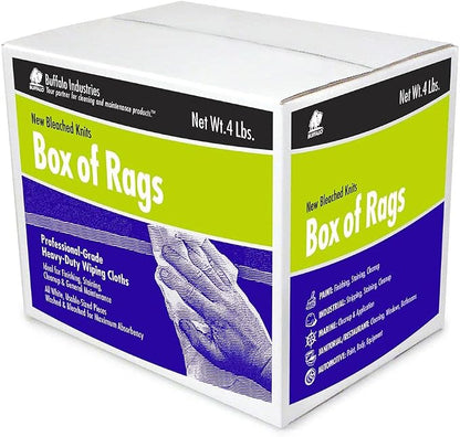 Buffalo Industries (12024) New White Bleached Knit Rags, 25 lb. box - All-Purpose Wiping, Cleaning, Polishing, Medium-Weight T-shirt Material, Washed and Bleached for Super Absorbency and Low-Linting