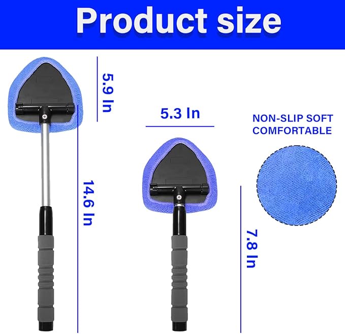 Windshield Cleaning Tool, Car Window Cleaner with 4 Washable Reusable Microfiber Pads, Extendable Long Handle Glass Wiper Cleaning Kit, Auto Accessories Universal for Office and Home (Blue)