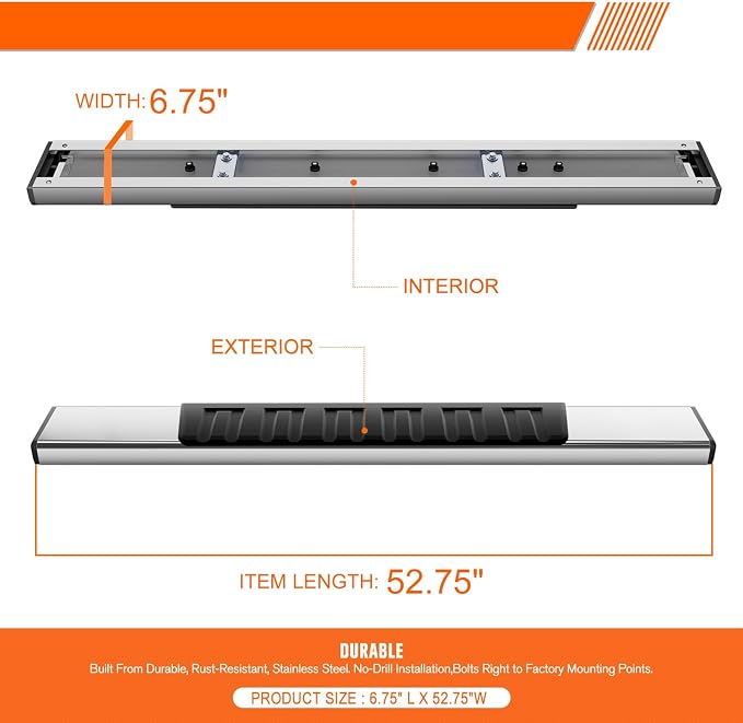[Pair] 6.75 Inch Chrome Stainless Steel Running Boards Side Step Bars Compatible with 07-19 Silverado Sierra Regular Cab