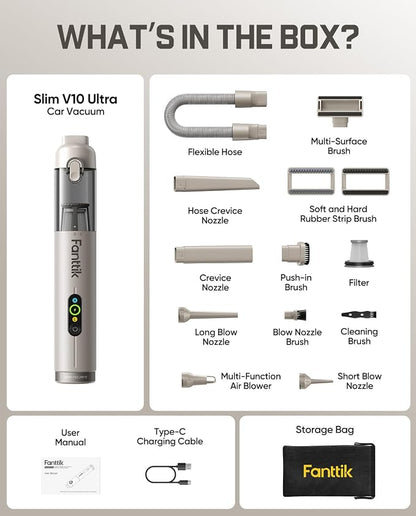 Fanttik Slim V10 Ultra Cordless Car Vacuum, 4-in-1 Portable Mini Vacuum with 19kPa Suction, Freely Combinable Accessories, 2 Suction Modes, Handheld Vac for Car, Small Jobs, Keyboard, Office (Brown)