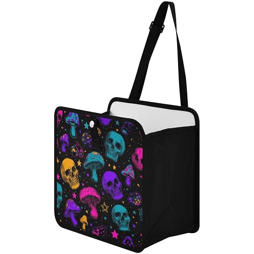 Car Trash Can Organizer Bin with Adjustable Strap for Back Front Seat Console Waterproof Leakproof Collapsible Portable 11 Inch Neon-colored Skulls Stars Mushrooms