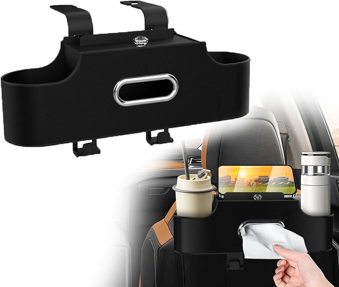 4-in-1 Back Seat Car Organizer, Adjustable Hooks, Universal Fit, with Cup Holder, Tissue Box & Storage, for Travel, Stores Phone, Snacks, Drinks, Handbags, Keeps Car Neat & Space-Saving (Black)
