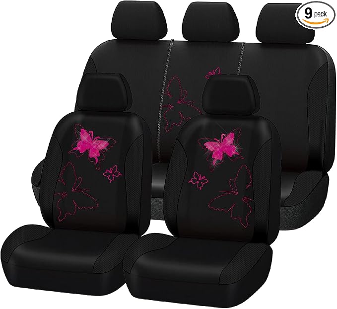 Flying Banner Butterfly car seat Covers ful Set Fashion Universal Lady Woman Female Rear Bench Split Colorized (Black Rose Red, Full Set - Lace)