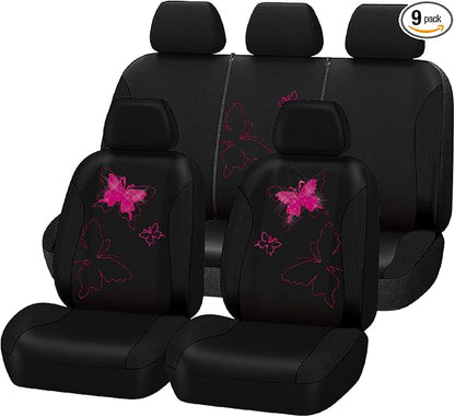Flying Banner Butterfly car seat Covers ful Set Fashion Universal Lady Woman Female Rear Bench Split Colorized (Black Rose Red, Full Set - Lace)