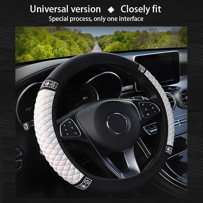 Microfiber Leather Steering Wheel Cover with Anti-Slip Lining Universal Car Accessory for Steering Wheel with a Diameter of 14.5-15 inch (White)
