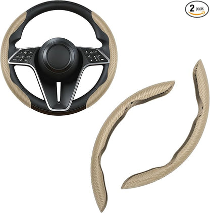 Carbon Fiber Steering Wheel Cover, 2-Piece Set Anti-Skid Comfortable Grip Segmented Butterfly Design, Easy Snap-On Installation Universal Fit 99% Cars, Beige