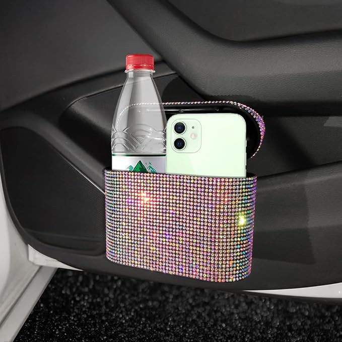 Bling Rhinestone Car Trash Can, Black, Swing-Lid