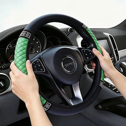 Soft Leather Car Steering Wheel Cover, Universal 15 Inch Colorful Rhinestones Anti-Slip Elastic Steering Wheel Covers for Most Cars, Sparkly Crystal Diamond for Women Girls (Green)
