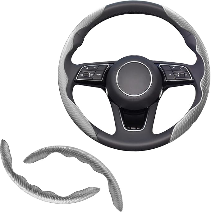 2pcs Universal Fit Carbon Fiber Steering Wheel Cover, Anti-Skid Steering Wheel Cover/Segmented Steering Wheel Protector/Car Interior Accessories (Gray)