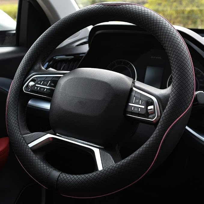 Rueesh Microfiber Leather Steering Wheel Cover Anti-Slip Matte Finish Auto Car Wheel Cover Universal 15 Inch Wheel Cover for Car Embossing Pattern (Pink Line)
